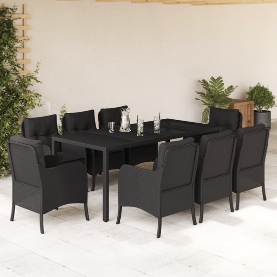 Ensemble à manger de jardin 9pcs coussins noir résine tressée