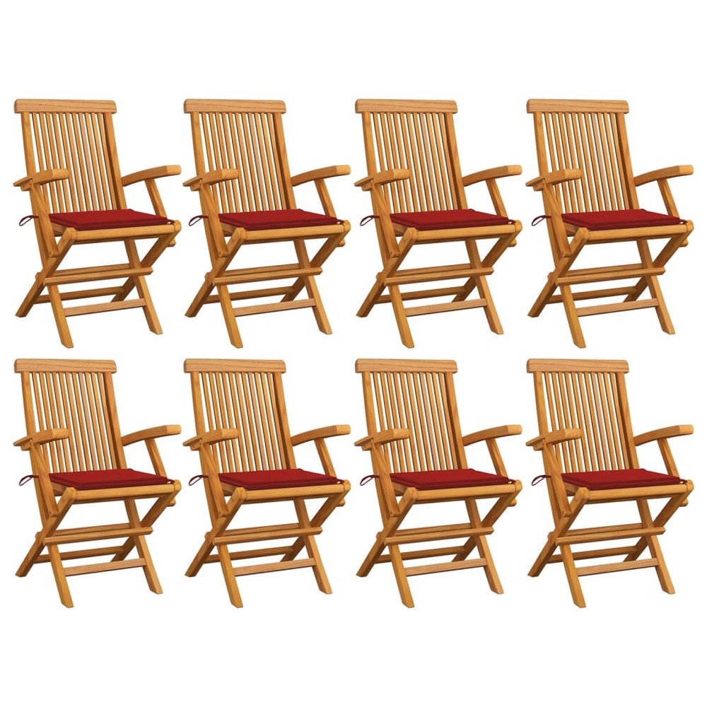 Chaises de jardin avec coussins rouge 8 pcs teck massif