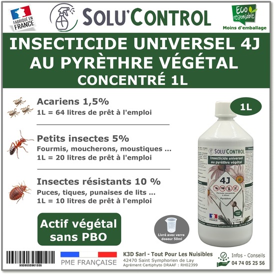 Solu’control insecticide végétal 4j concentré 1 l – actifs 100% végétaux, pyréthrines naturelles & huiles essentielles – acariens