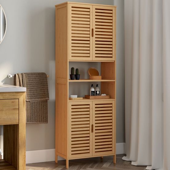 Meuble armoire colonne salle de bain bambou bea 4 portes et 2 niches