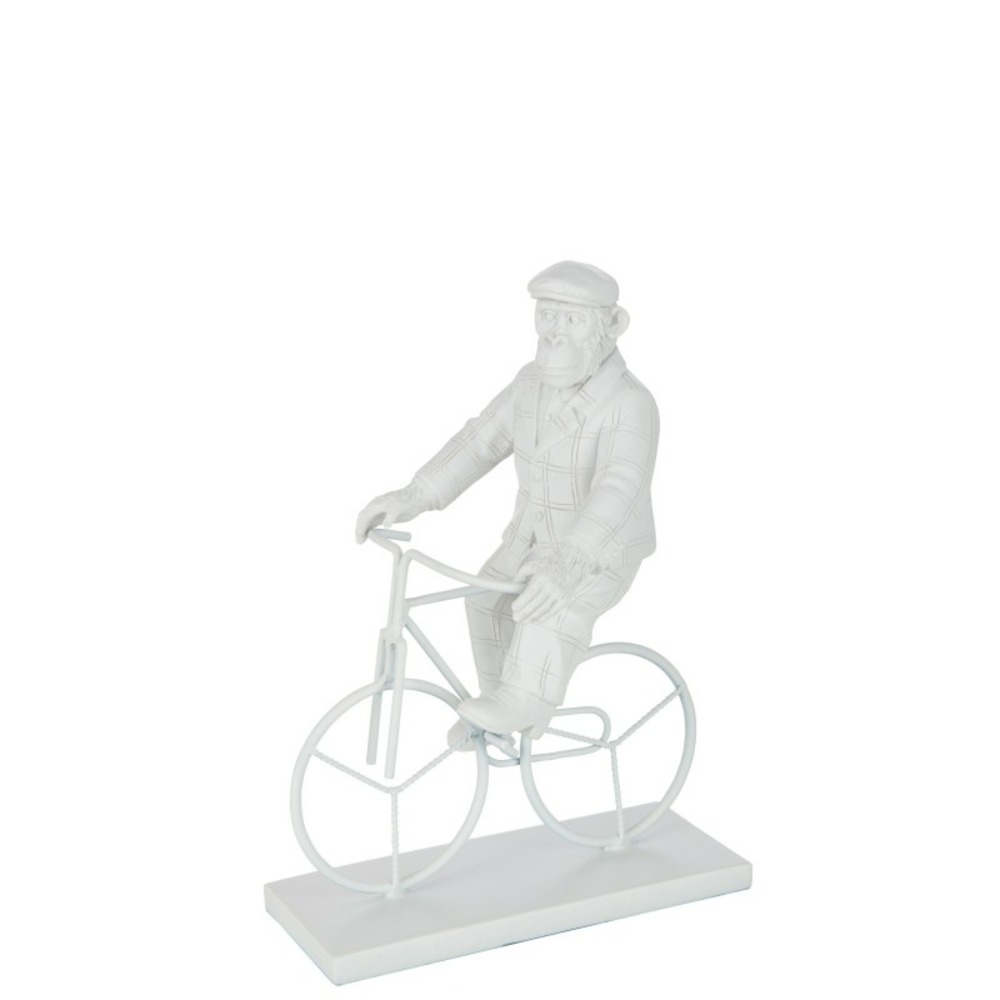 Statuette singe à vélo en synthétique blanc 21x12x25 cm