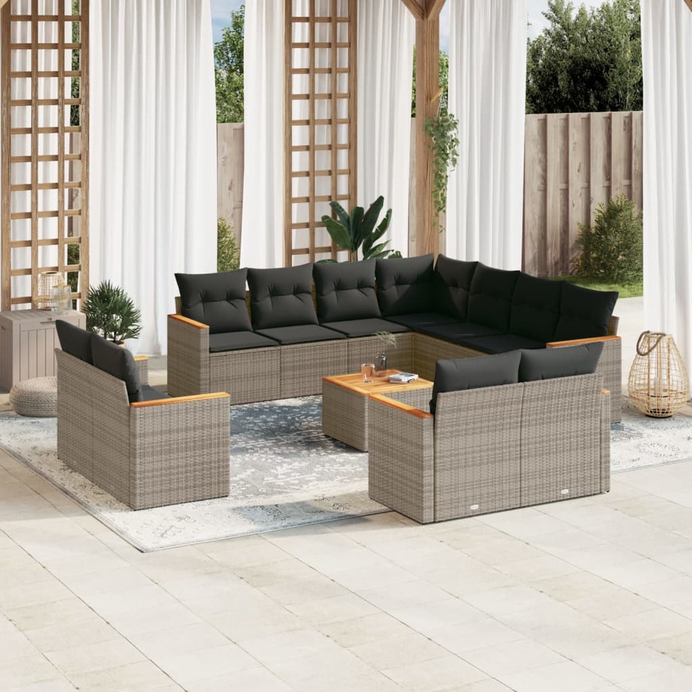 Salon de jardin avec coussins 12 pcs gris résine tressée