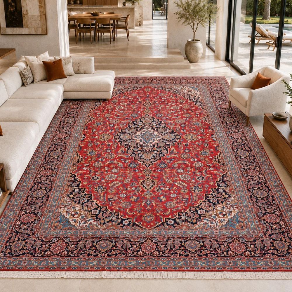Tapis d'orient 293 x 407 cm, oriental, rouge, beige et bleu, laine nouée main, ardakan b