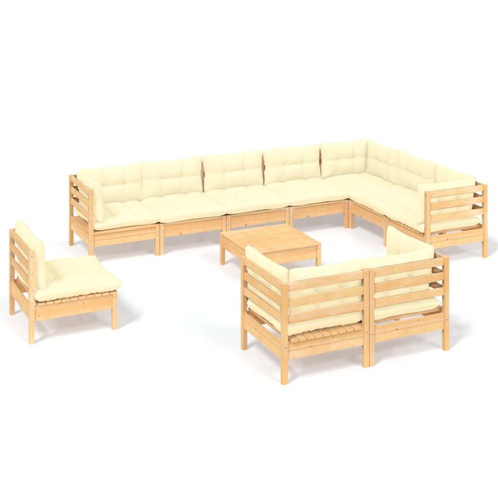 Salon de jardin 11 pcs avec coussins crème bois de pin solide