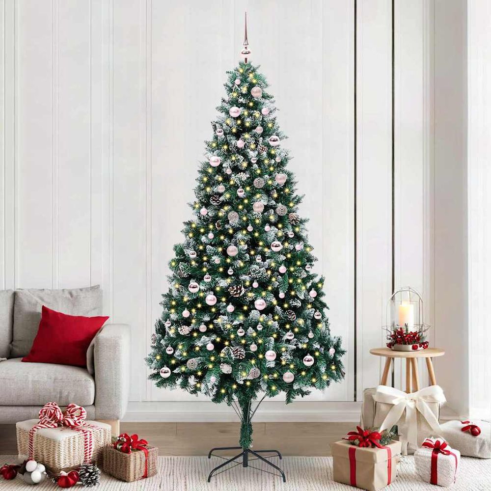 Sapin de noël artificiel 240cm décoré effet neige, kit complet avec éclairage usb