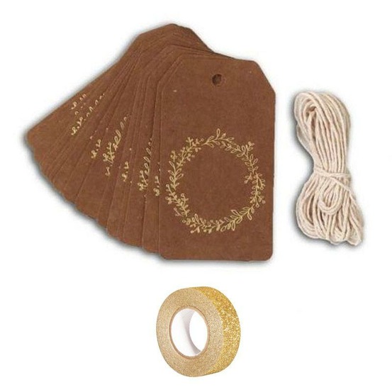 20 étiquettes kraft 4,5 x 8 cm couronne de fleurs dorée & ficelle + masking tape doré à paillettes 5 m