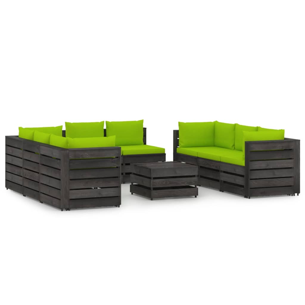 Salon de jardin meuble d'extérieur ensemble de mobilier 9 pièces avec coussins bois imprégné de gris