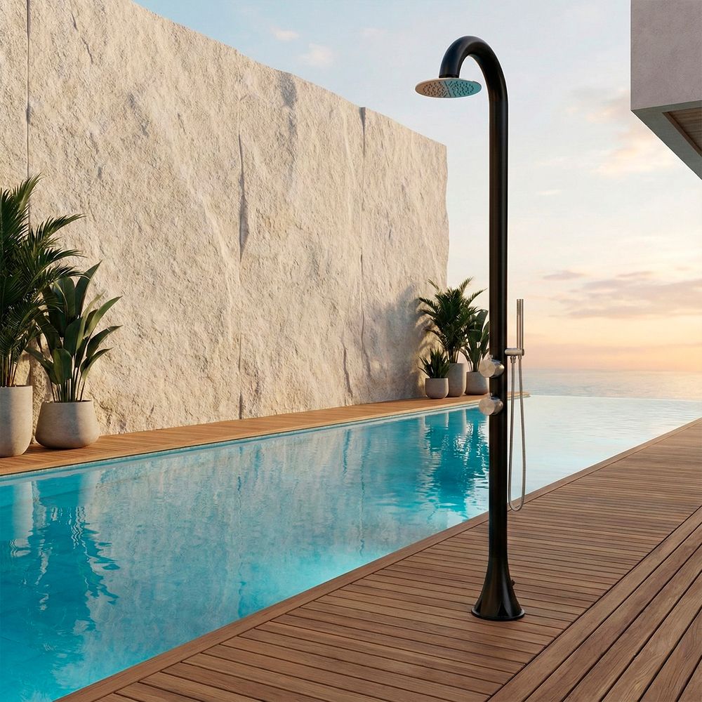 Douche exterieure noire en acier inox 316l avec douchette double entree eau chaudefroide