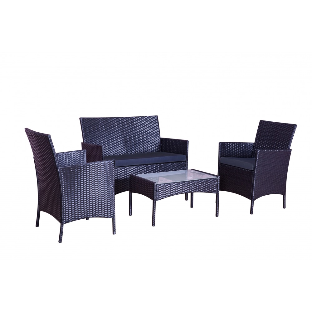 Salon de jardin 4 places en résine tressée noir et coussins noirs mykonos