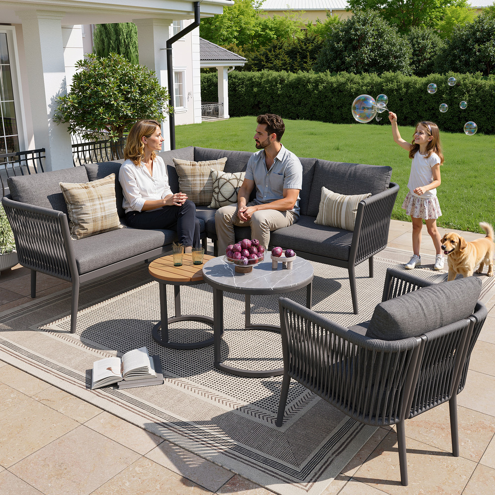 Salon de jardin 5-6 personnes, 6 pièces, canapé d'angle modulable en corde, avec coussins, pour terrasse ou balcon, gris