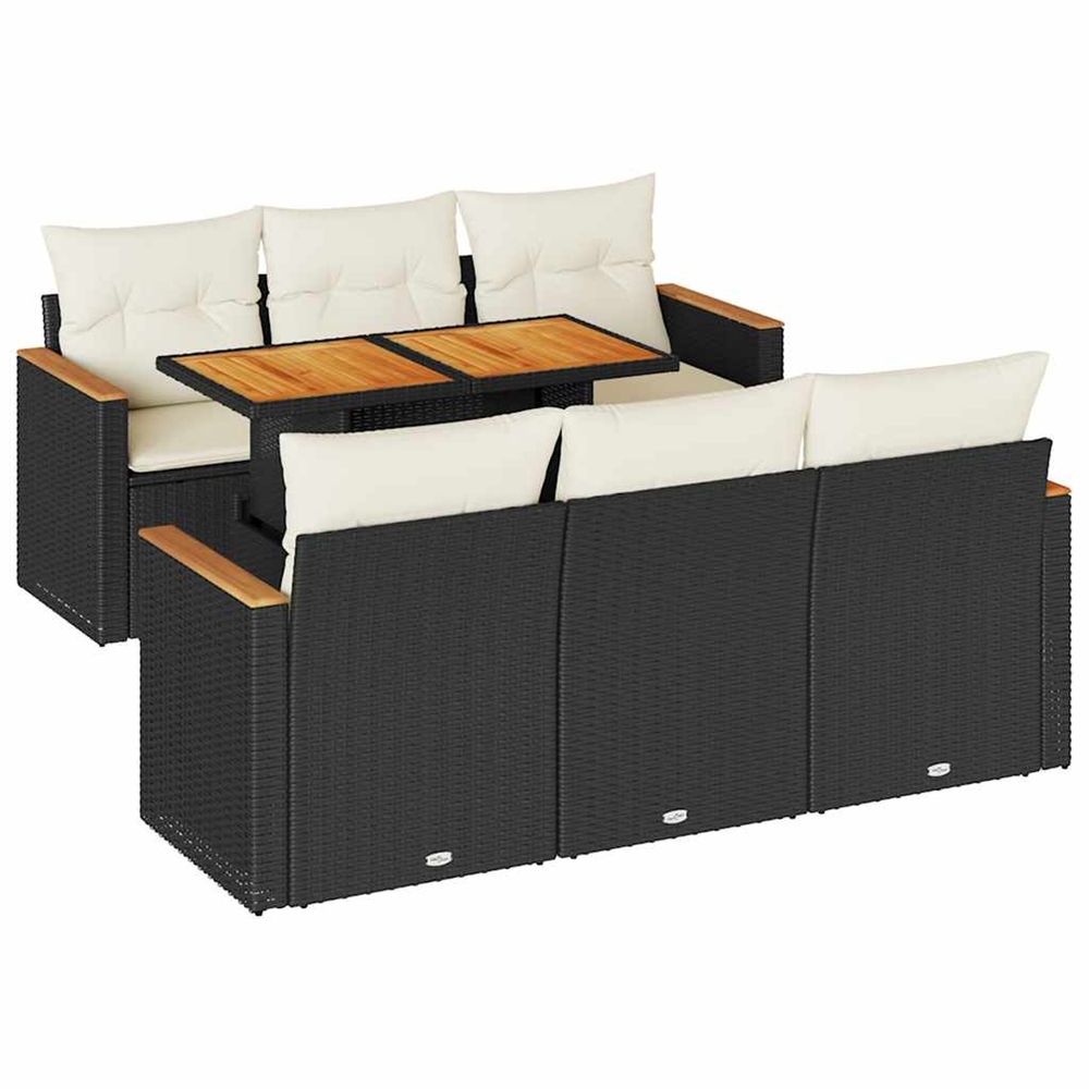 Salon de jardin avec coussins 7 pcs noir résine tressée acacia