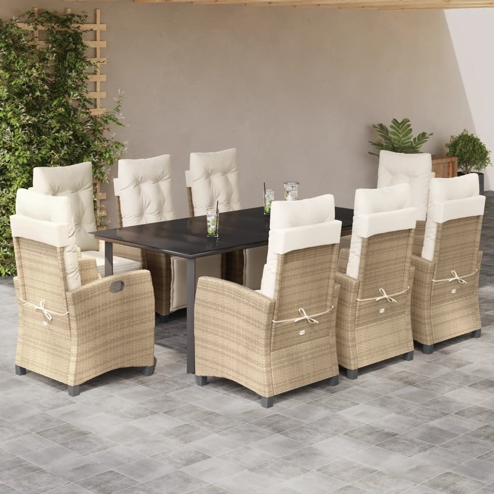 Ensemble à manger de jardin et coussins 9 pcs beige poly rotin