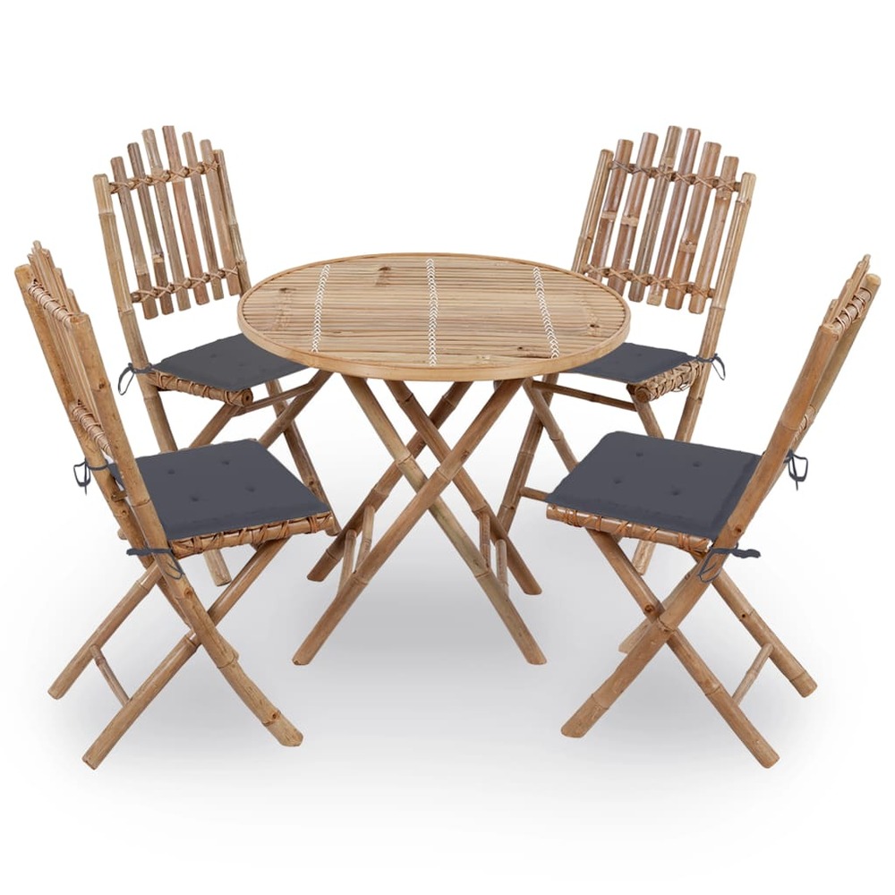 Mobilier à dîner d'extérieur pliable 5 pièces avec coussins bambou