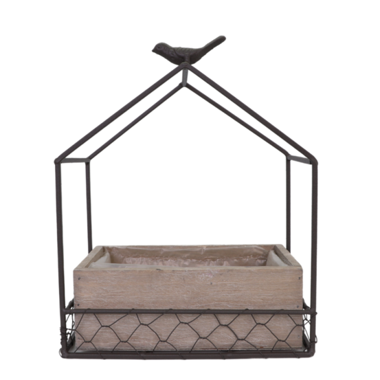 Jardinière extérieure pot fleurs jardin bois métal marron 21x12x24.5cm