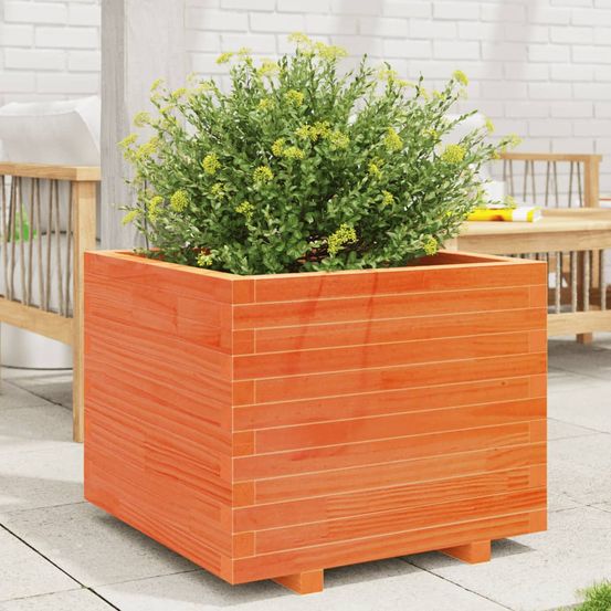 Grand bac à fleurs carré bois massif cire marron 60x60cm jardin