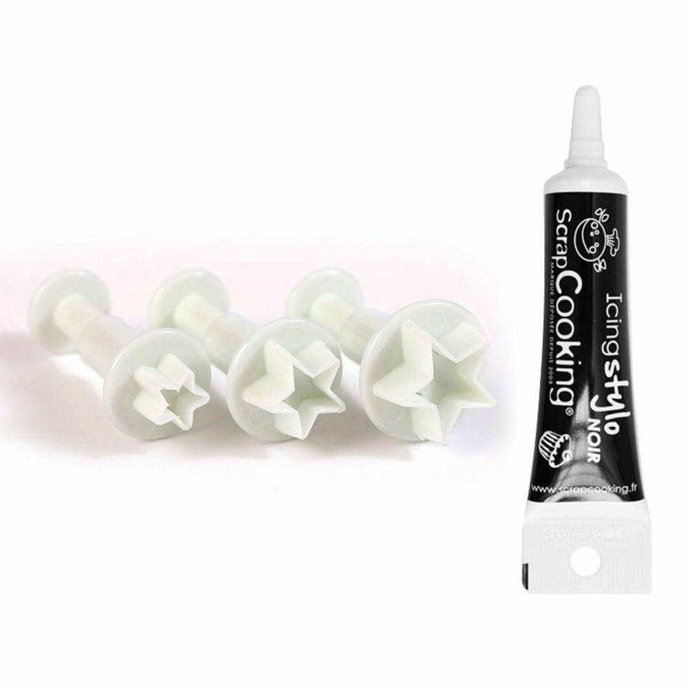 3 emporte-pièces à poussoir en plastique etoile + stylo de glaçage noir