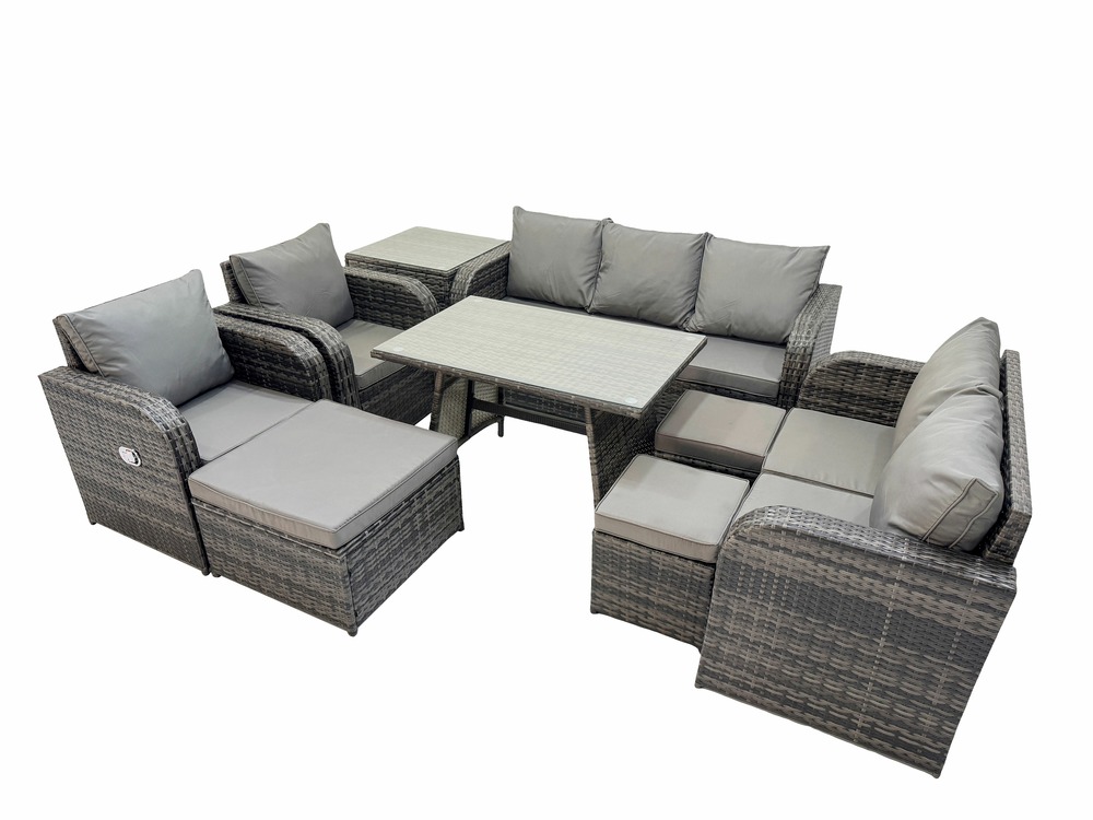 Salon de jardin exterieur 10 places ensemble de canapés en rotin avec table à manger 3 tabourets table d'appoint gris foncé mixte