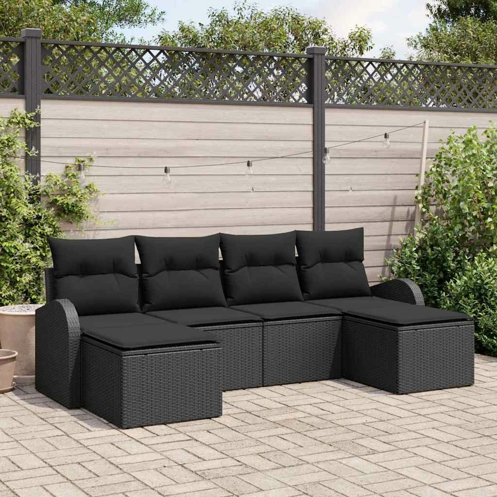 Ensemble de canapés avec coussin 6 pcs noir polyrotin