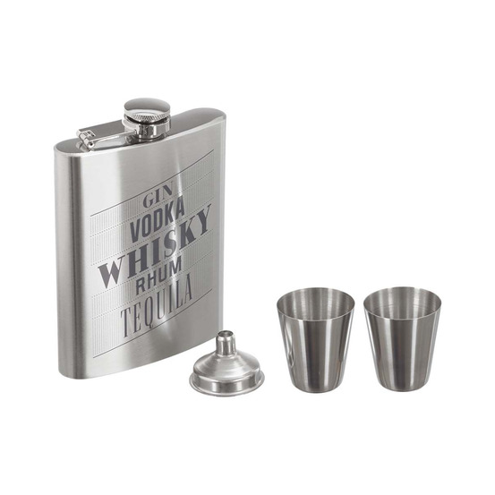 Fiole à whisky avec shooters et entonnoir