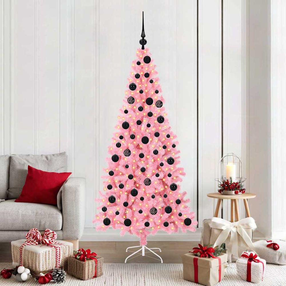 Grand sapin de noël artificiel rose 1.80m, prêt à décorer avec 300 led 8 modes