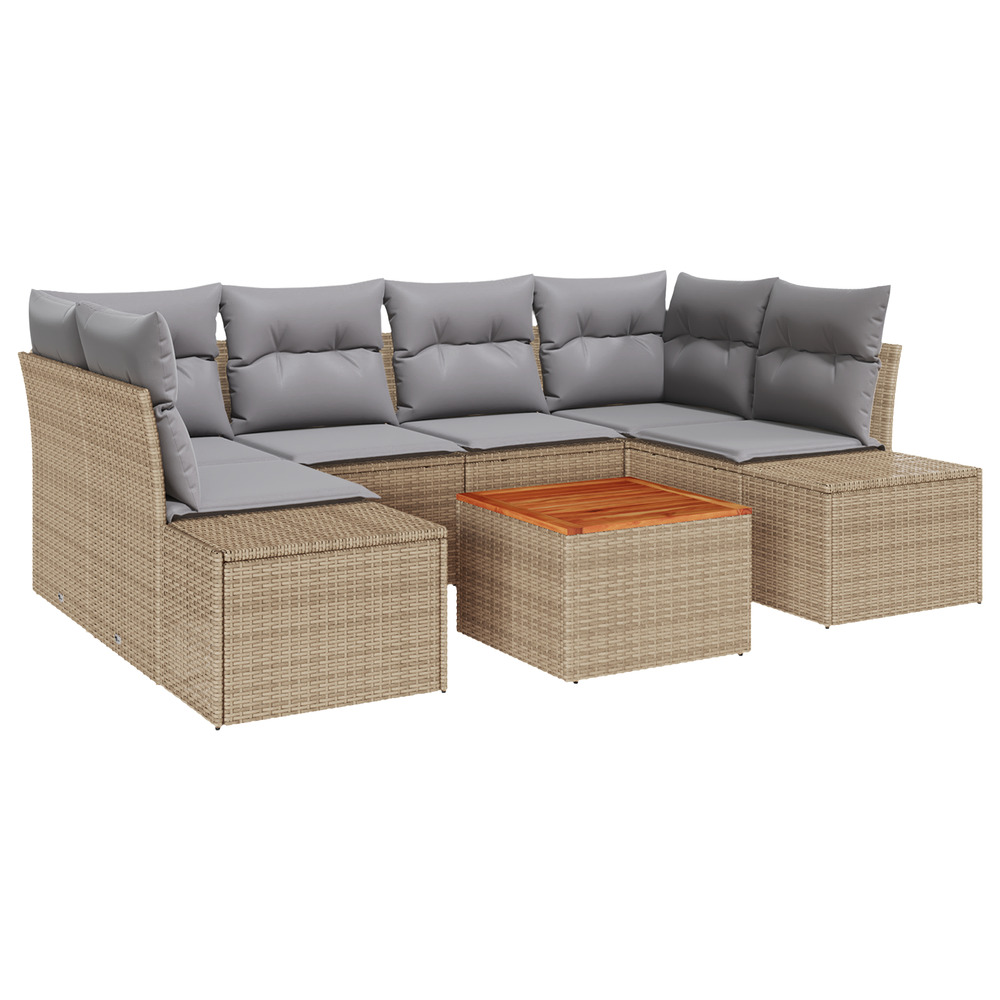 Ensemble de canapé de jardin 7 pièces avec coussins beige poly rattan acacia