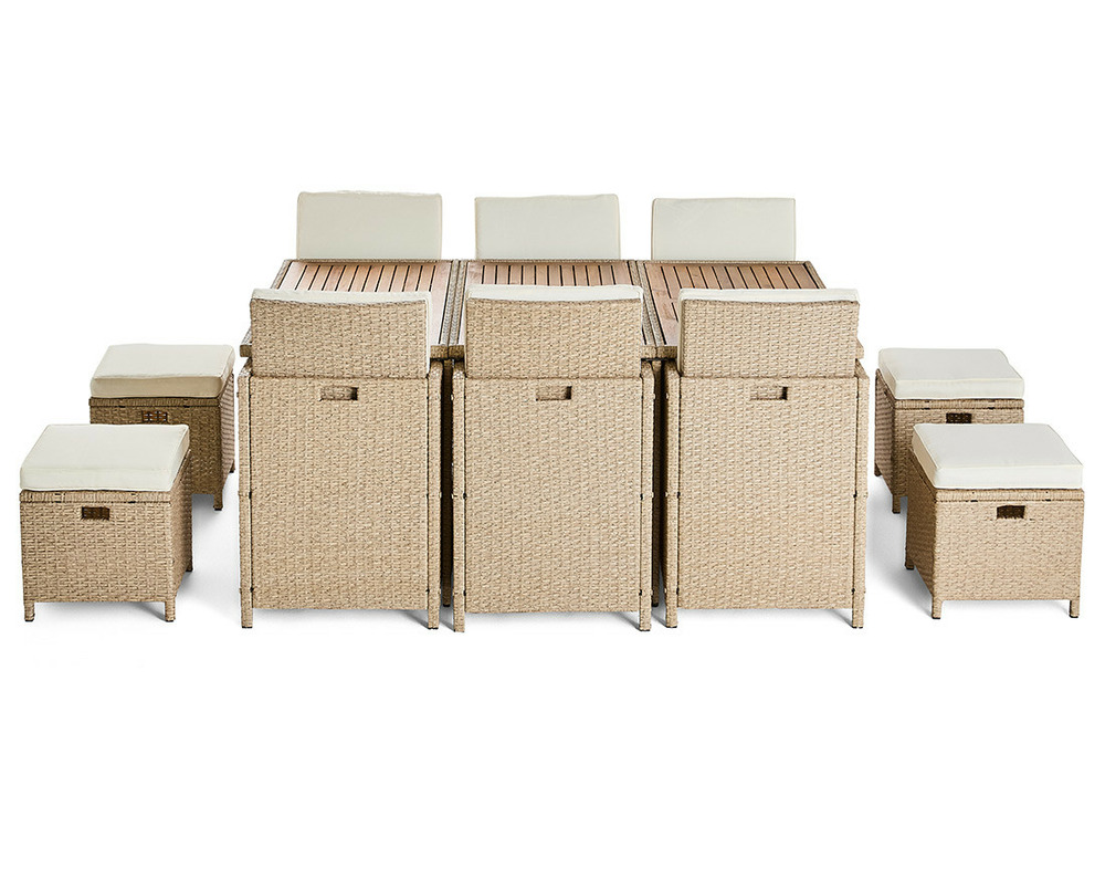 Cuba – salon de jardin encastrable en résine tressé beige - 10 places - coussins beige + housse de protection