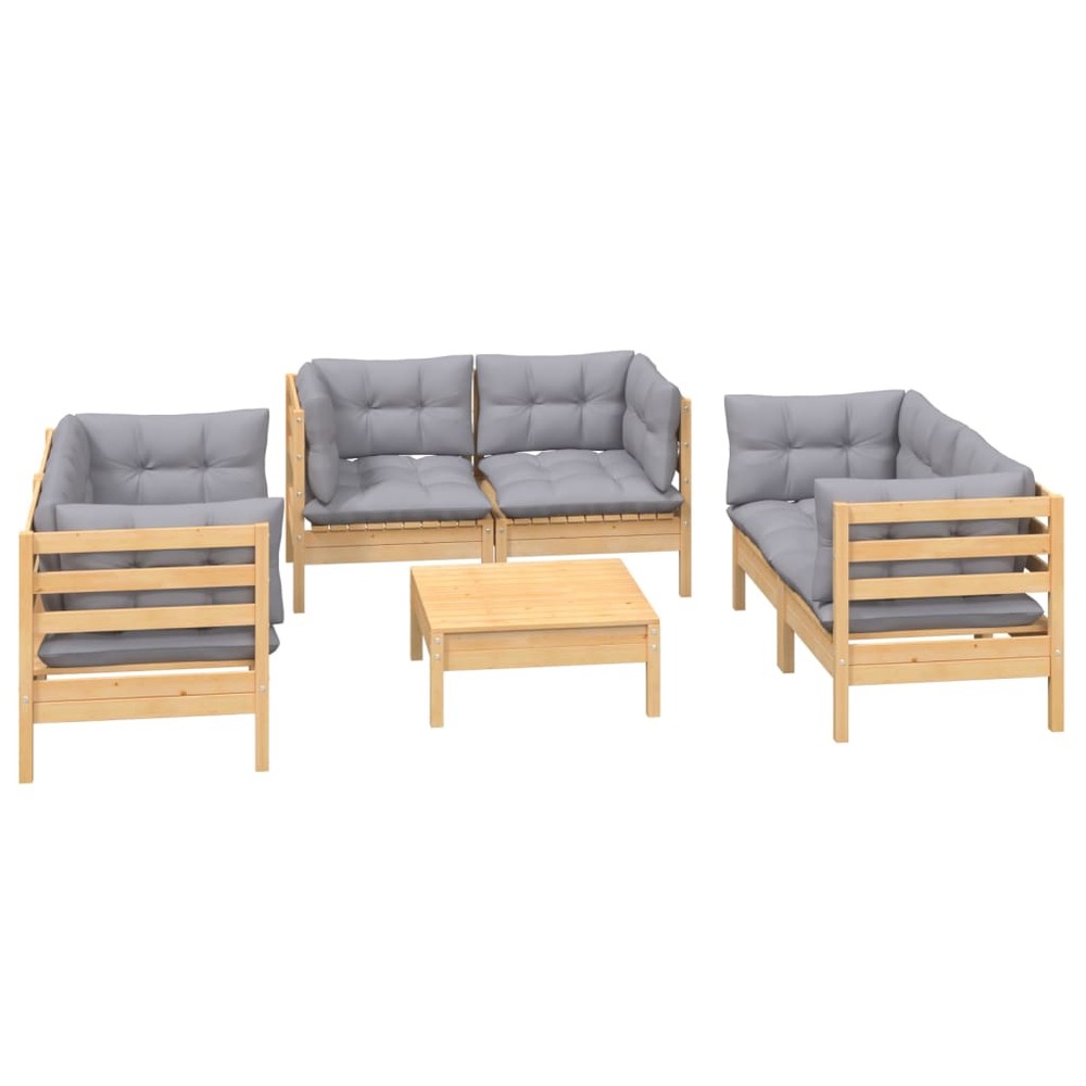 Salon de jardin meuble d'extérieur ensemble de mobilier 7 pièces avec coussins gris bois de pin massif