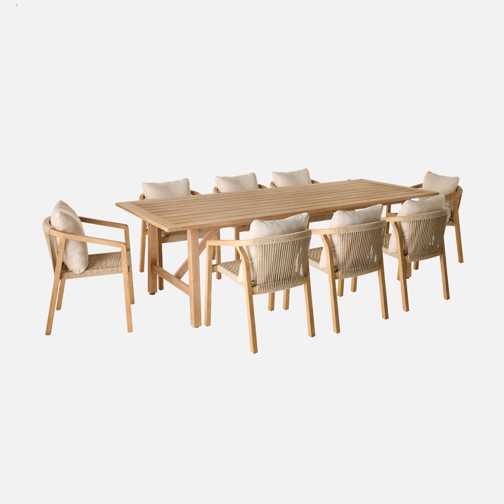 Table de jardin bois d'eucalyptus et cordes 8 fauteuils