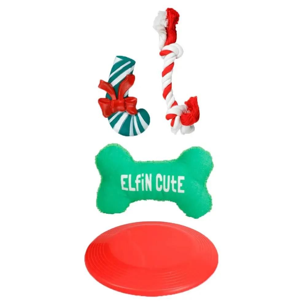 Lot 4 jouets noël chien peluche pain d'épice corde disque vol