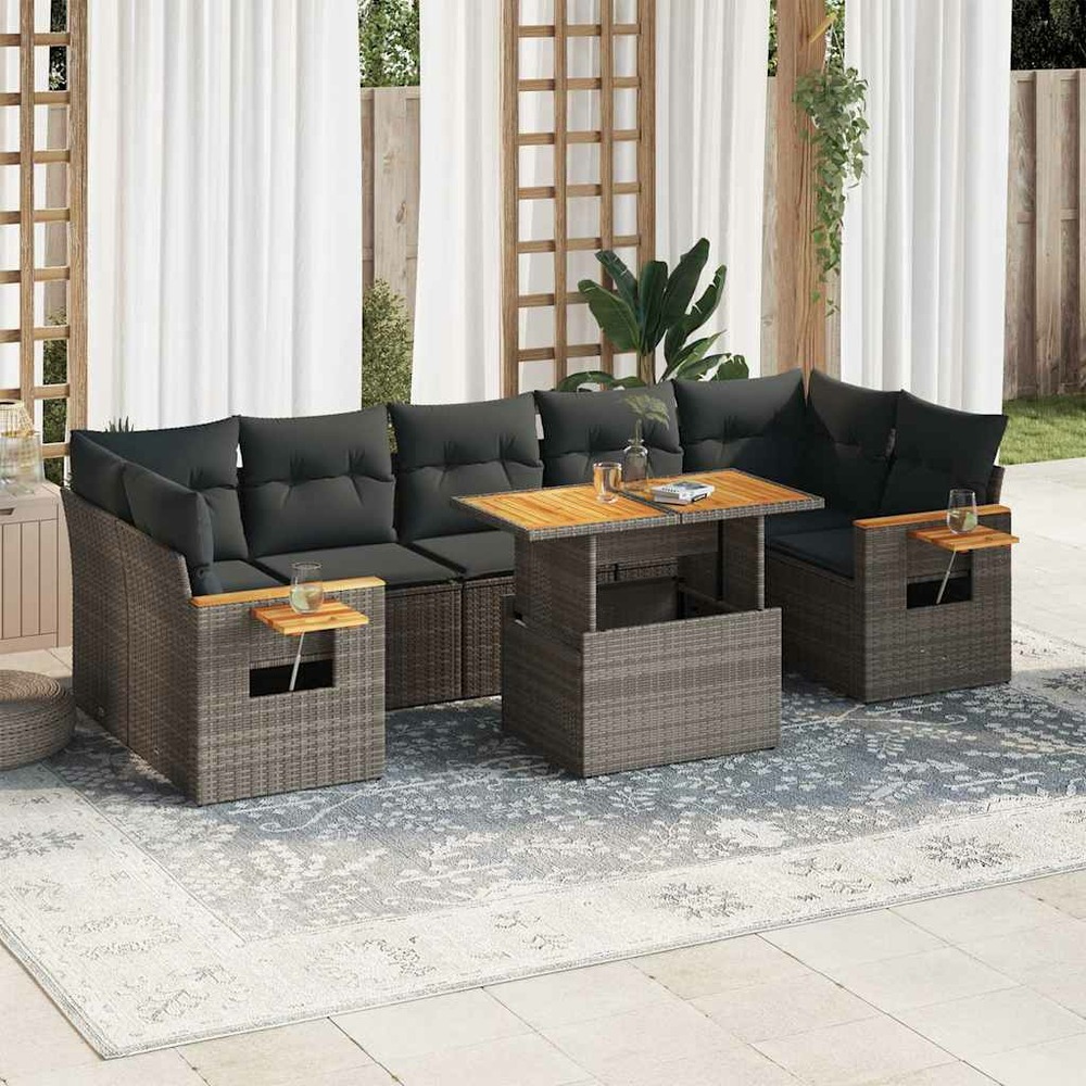 Salon de jardin avec coussins 8 pcs gris résine tressée acacia