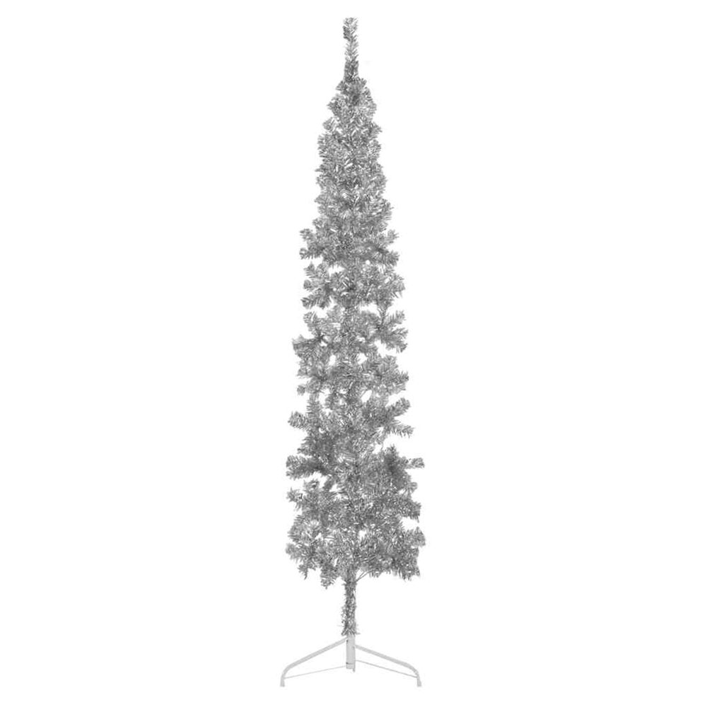 Demi sapin de noël artificiel mince avec support argenté 210 cm