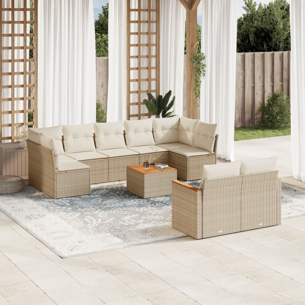 Salon de jardin avec coussins 10 pcs beige résine tressée