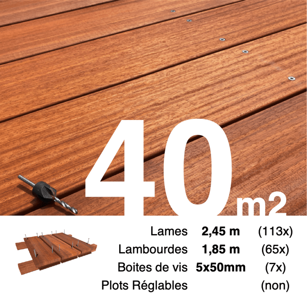 Kit terrasse bois exotique padouk pour 40 m², lames 2,45 m, lambourdes 1,85 m et visserie inox.