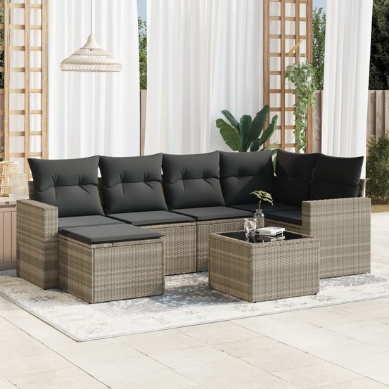 Salon de jardin avec coussins 7 pcs gris clair résine tressée