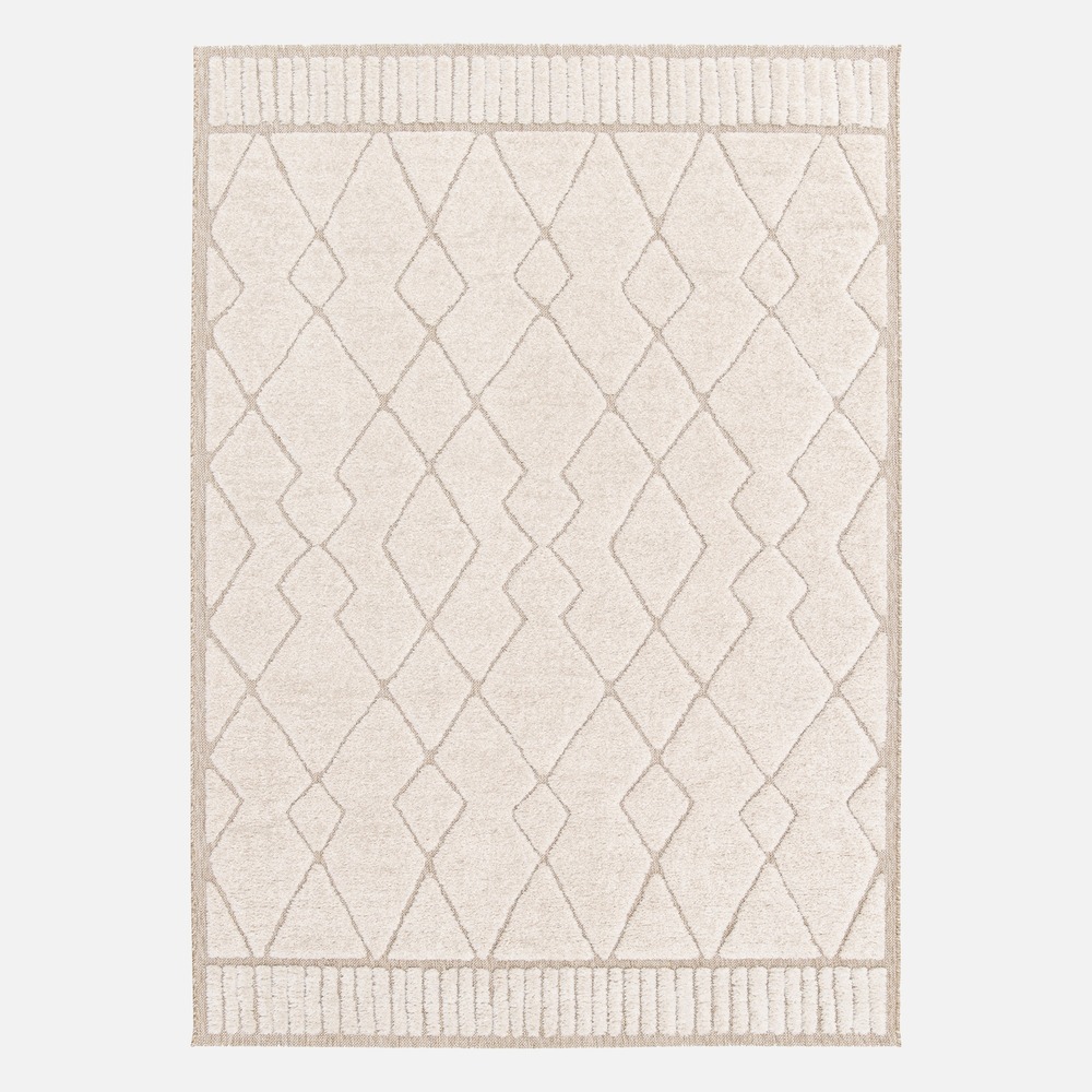 Tapis intérieur motif ethnique berbère, poils ras, beige et crème
