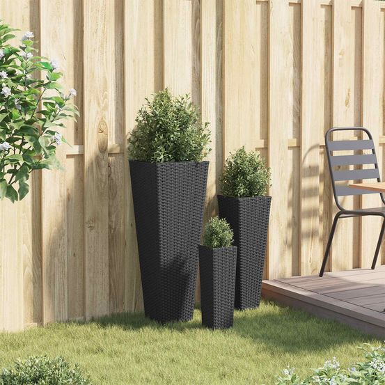 Lot de 3 jardinières hautes métal noir pour terrasse jardin avec pots intérieurs amovibles