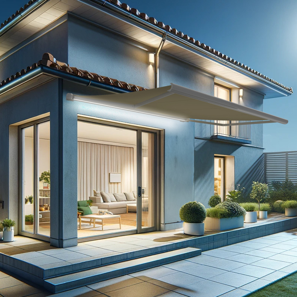 Store banne coffre intégral hevoa 4,00x3,00 m (motorisé secours à télécommande + led - blanc satiné ral9010 - écru)