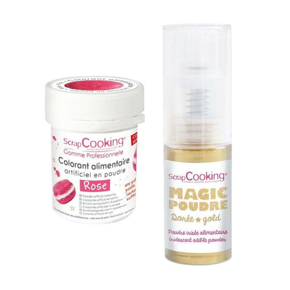 Colorant alimentaire rose + poudre alimentaire irisée dorée