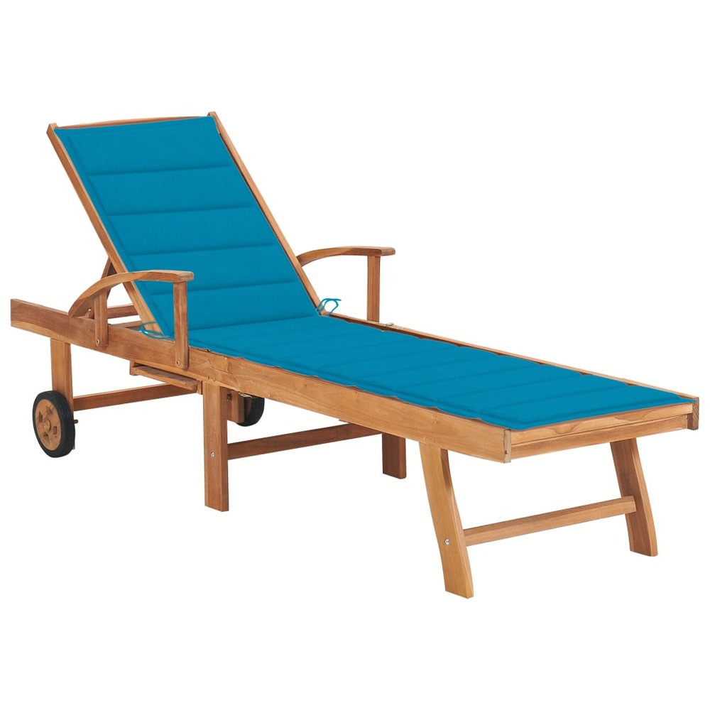 Transat chaise longue bain de soleil lit de jardin terrasse meuble d'extérieur avec coussin bleu bois de teck solide 02_00123