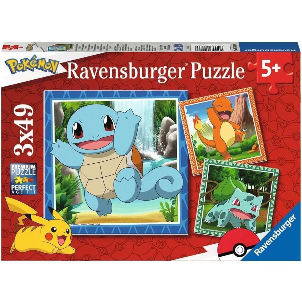 Puzzle pour enfants 3 x 49 pièces pokémon - salameche, bulbizarre et carapuce 3 posters inclus