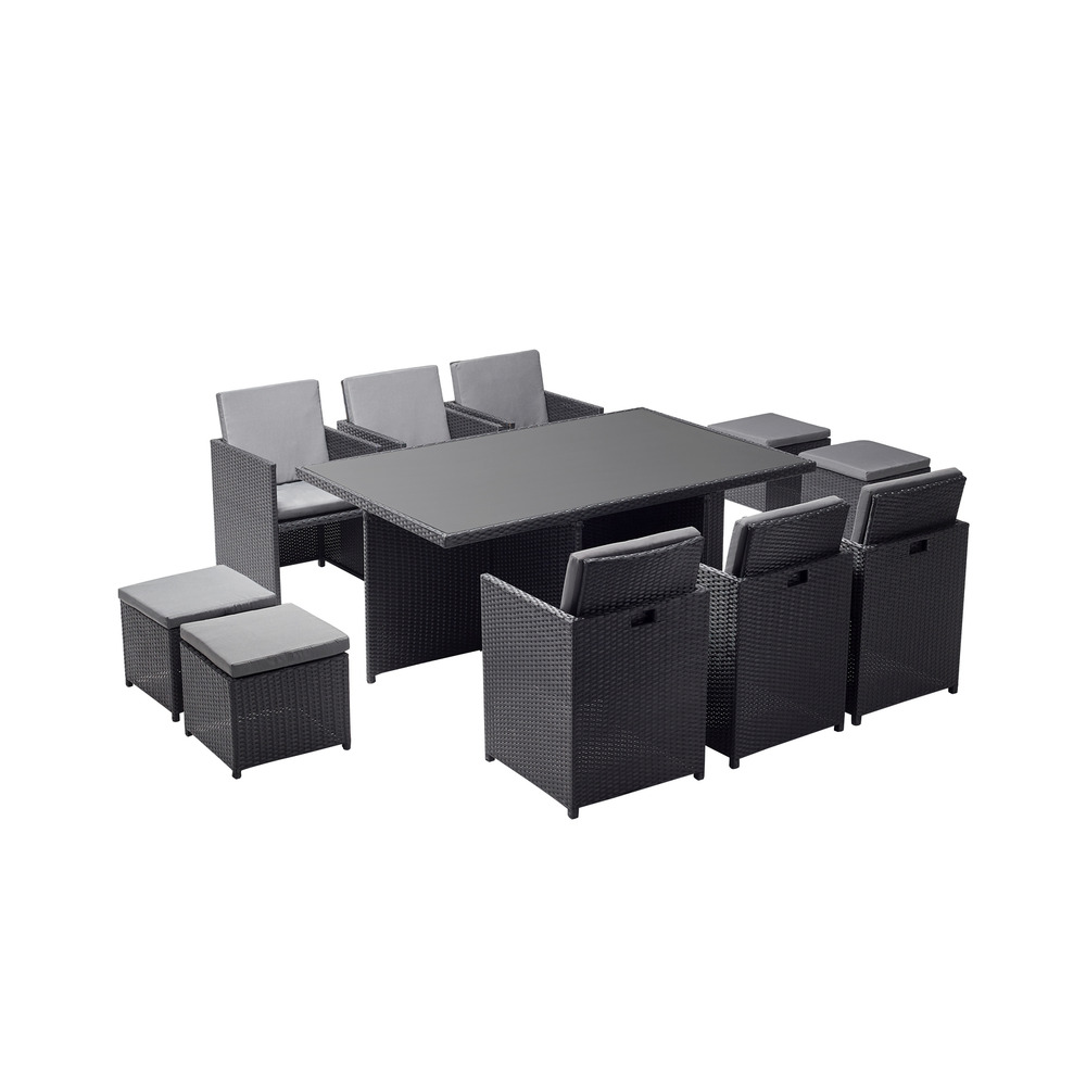 Table et chaises 10 places encastrables en résine noir-gris monaco