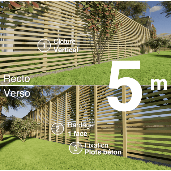 Kit clôture bois moderne 5m – h 2,3m – 45 x 45 mm autoclave – pose horizontal – simple face – à sceller