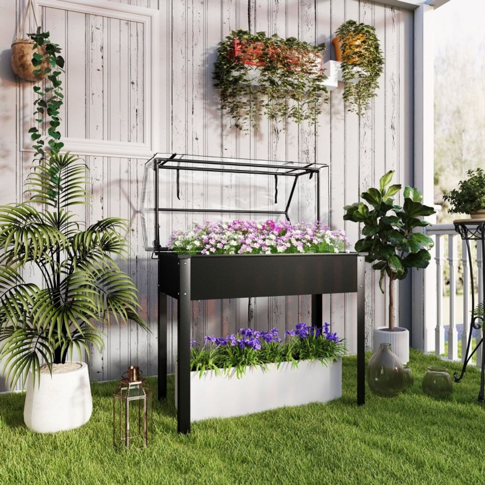 Carré potager sur pied métal jardin avec serre de protection 100x48x124cm noir