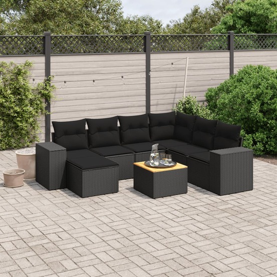 Salon de jardin 8 pcs avec coussins noir résine tressée