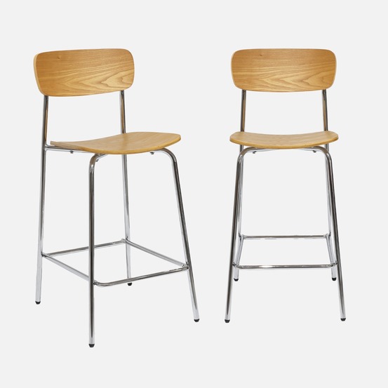 Lot de 2 tabourets de bar vintage contreplaqué avec placage bois et pieds métal l 42.5 x p 50 x h 94cm - toby