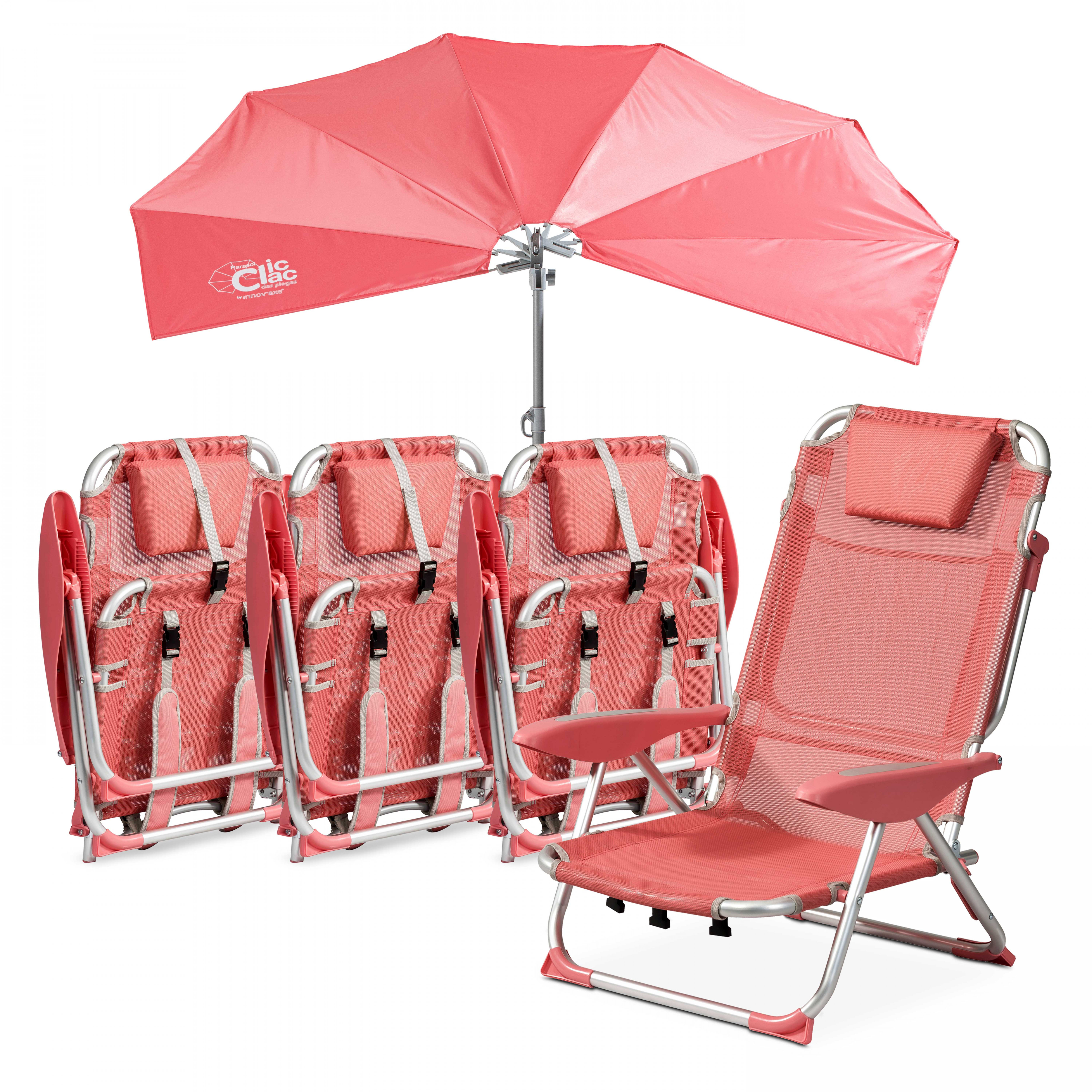 Lot 4 fauteuils clic clac et 1 parasol polyester rose