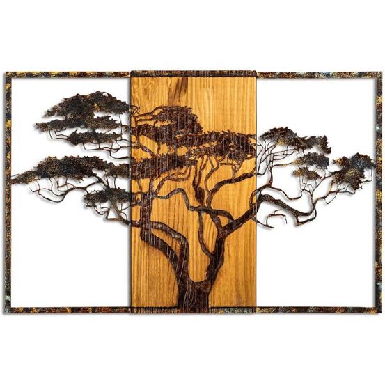 Décoration murale en métal et bois arbre acacia 53 x 38 cm