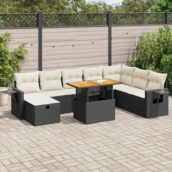 Salon de jardin avec coussins 9 pcs noir résine tressée acacia