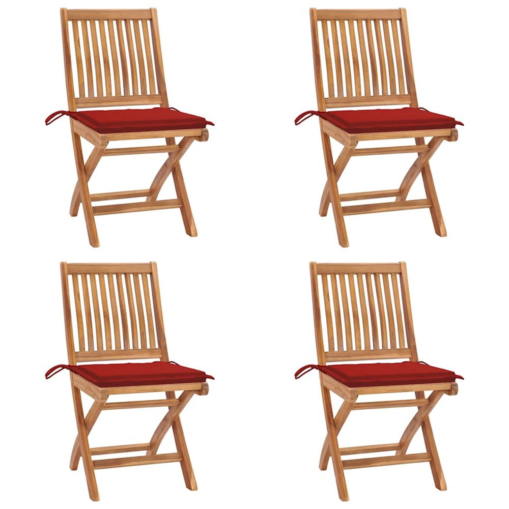 Chaises pliantes avec coussins, 4 pièces, en teck massif