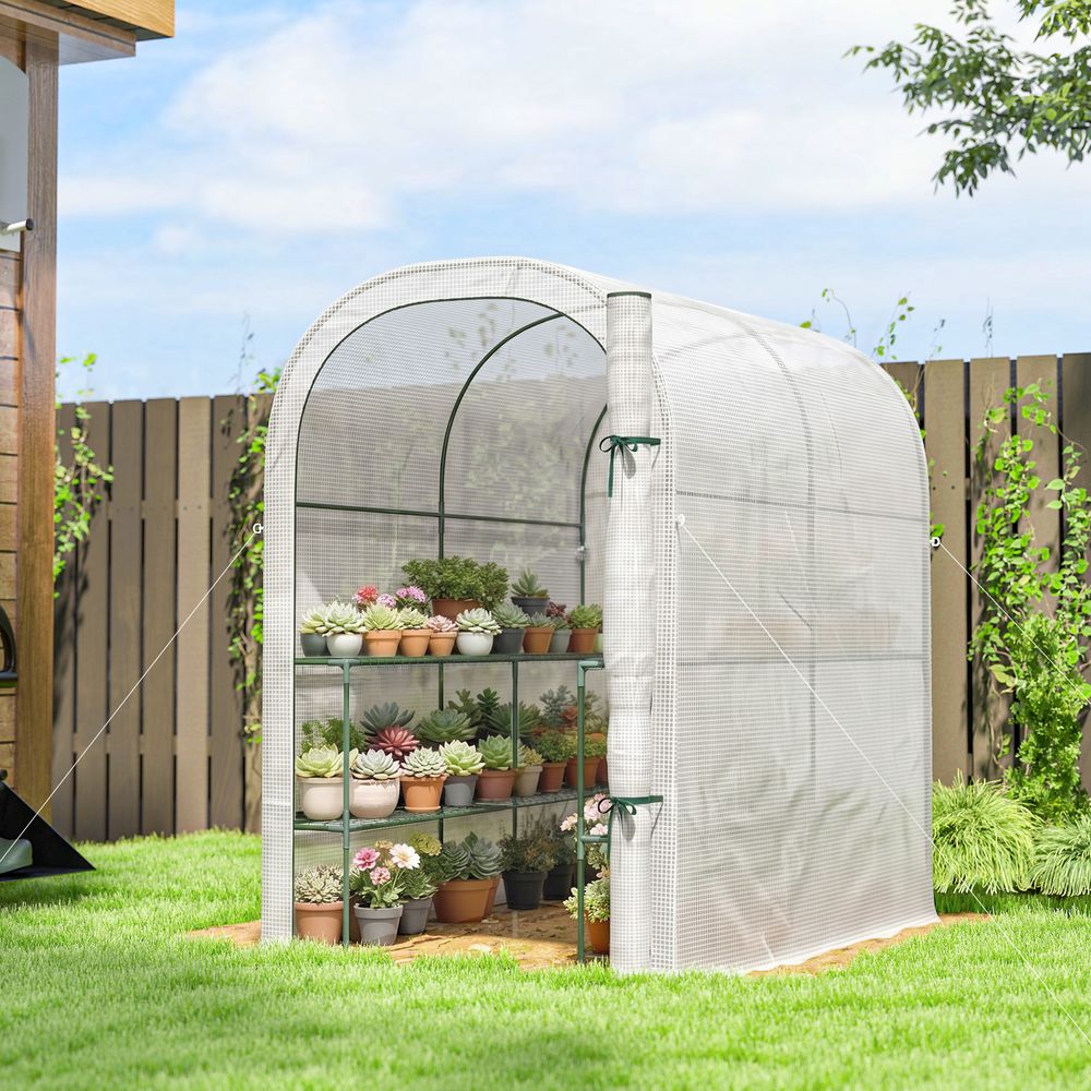 Serre tunnel de jardin acier 123 x 187 x 189 cm blanche avec étagères porte enroulable - comfortxl outdoor living